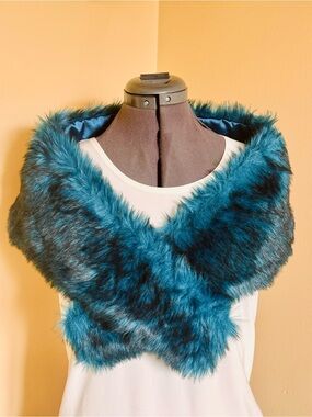 Teal Faux Fur Shawl Collar Scarf - Women Accessories